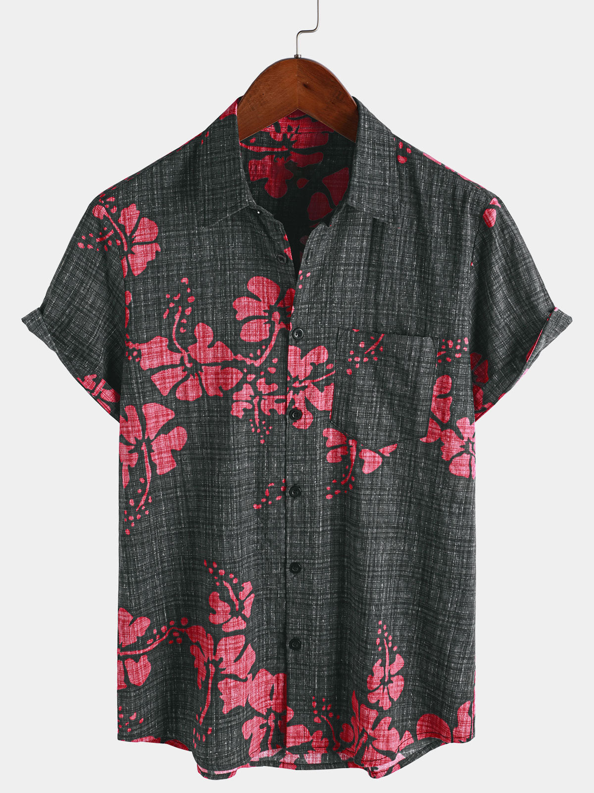 Men's Summer Red Floral Hawaiian Short Sleeve Shirt