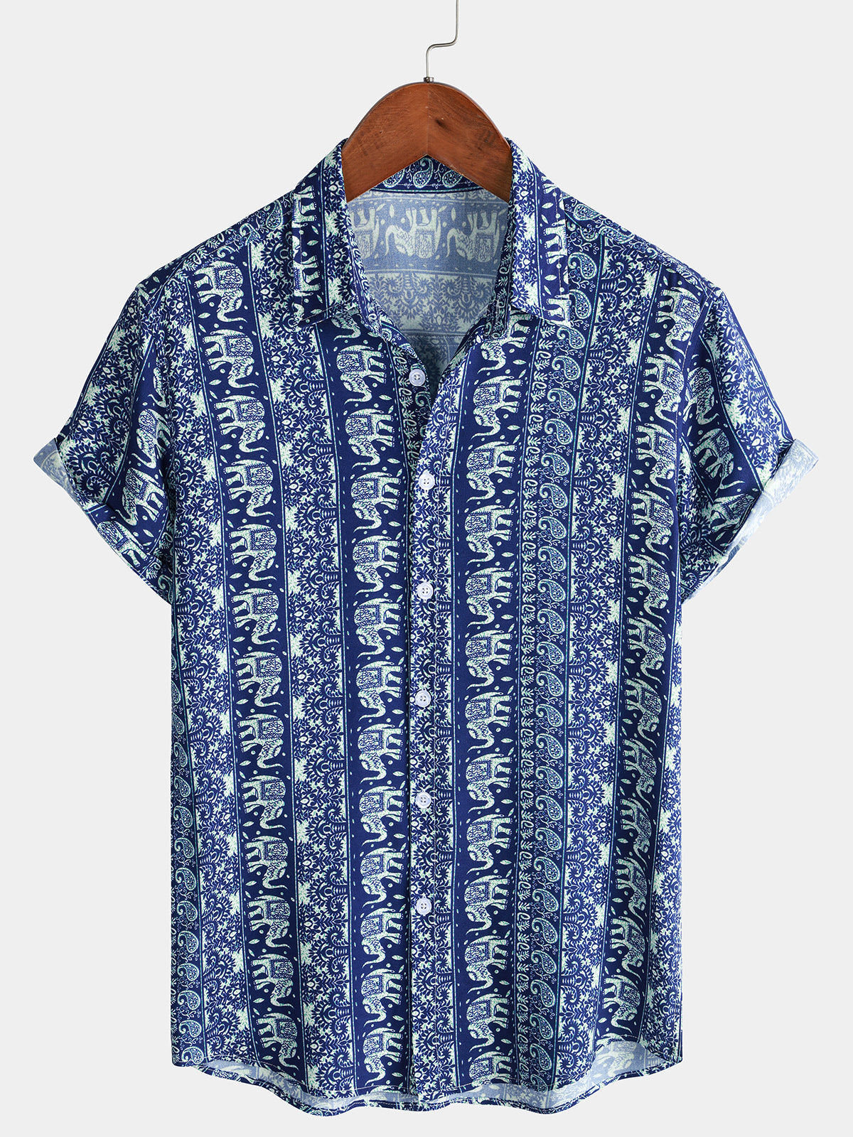 Men’s Retro Lightweight Breathable Elephant Print Short Sleeve Cool Casual Summer Shirt
