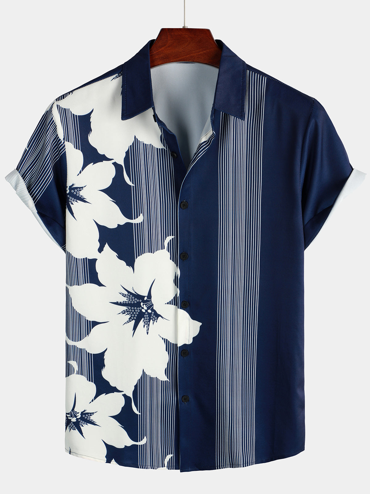 Men's Hawaiian Vertical Stripe Flower Print Vacation Navy Blue Vintage Aloha Short Sleeve Shirt