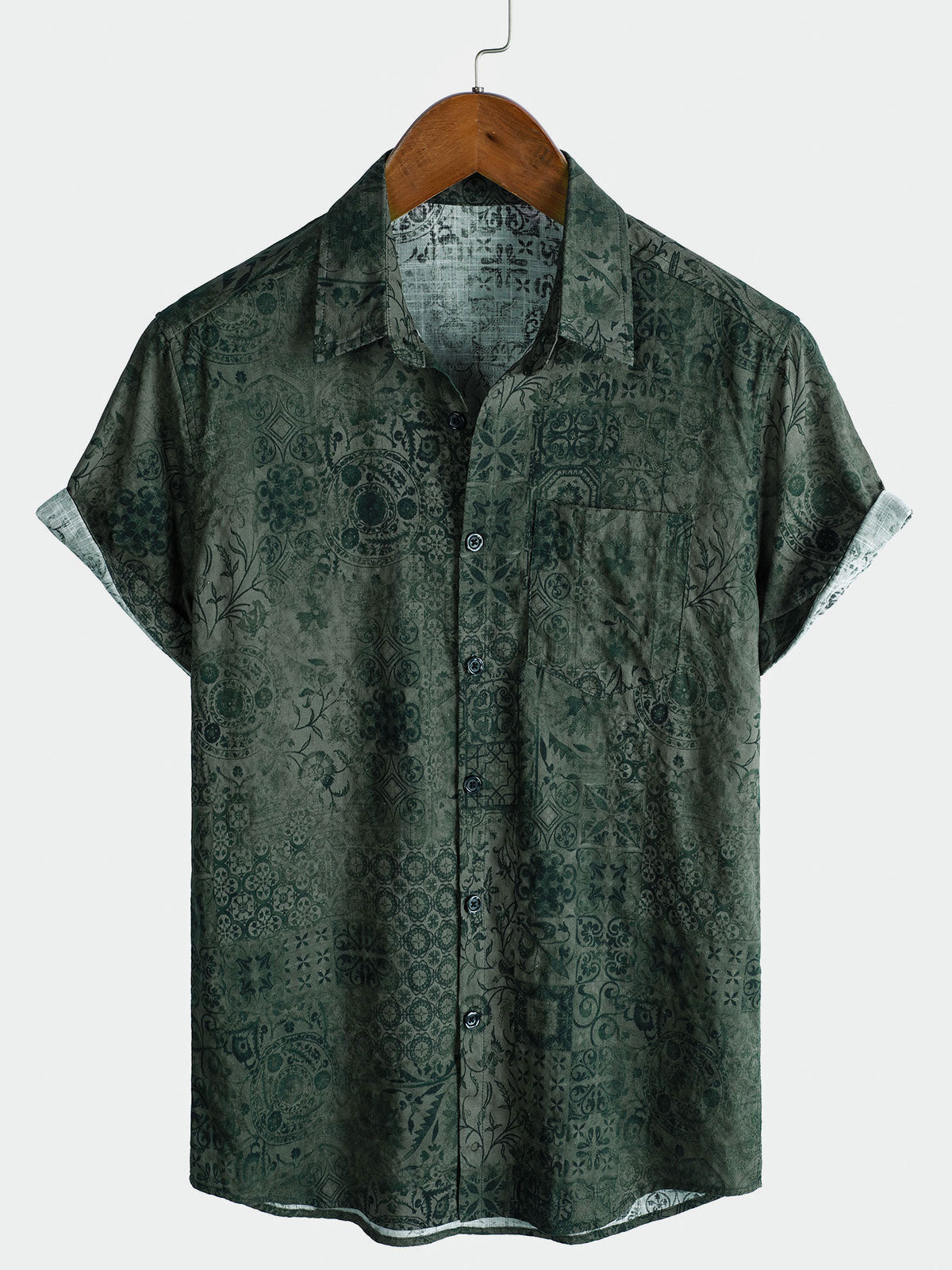 Men's Green Retro Print Pocket Short Sleeve Shirt
