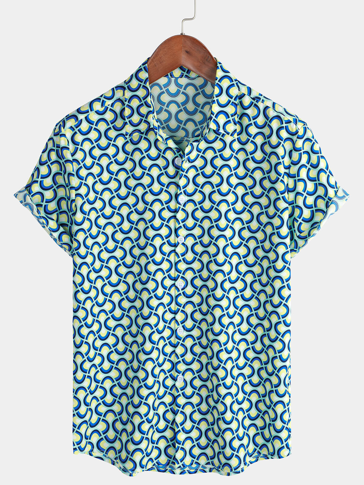 Men's Casual Holiday Geometrie Summer Short Sleeve Blue Button Up Shirt