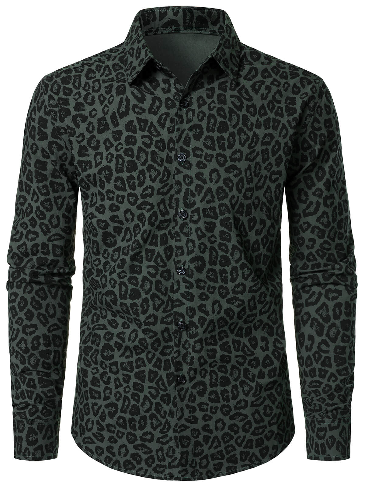 Men's Green Leopard Cotton Long Sleeve Shirt