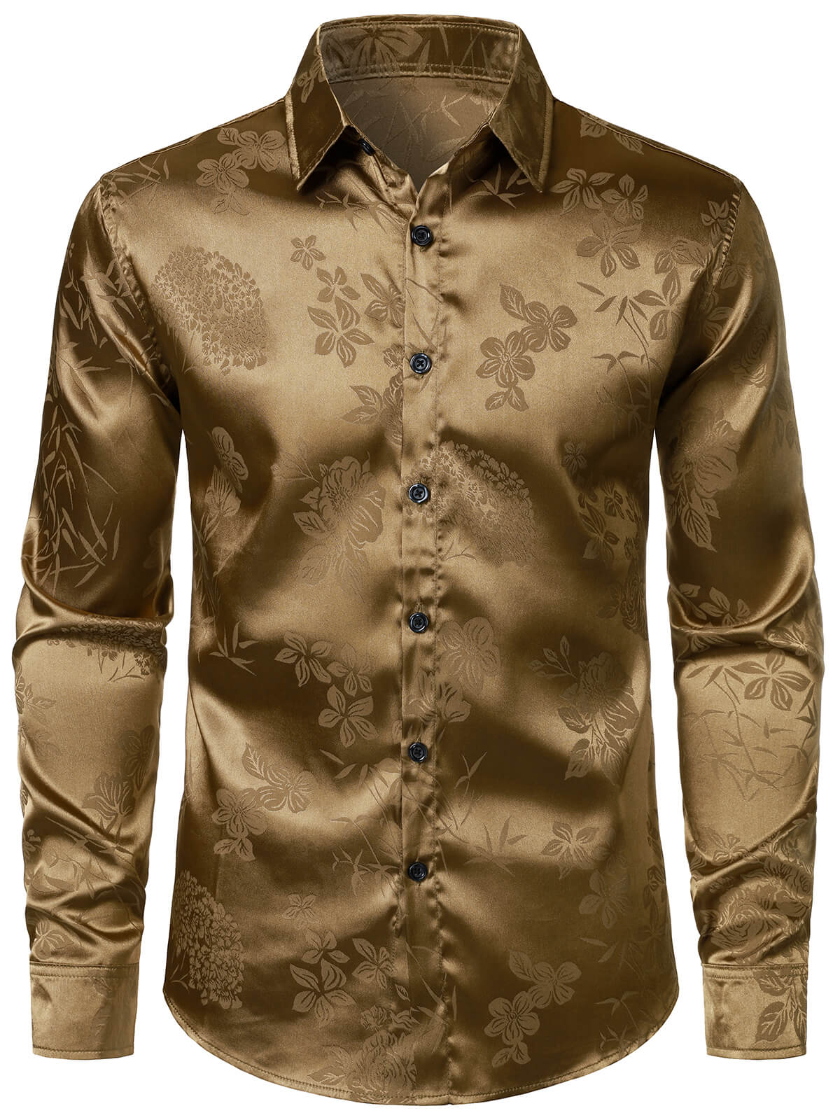 Men's Khaki Floral Jacquard Shiny Satin Long Sleeve Dress Shirt