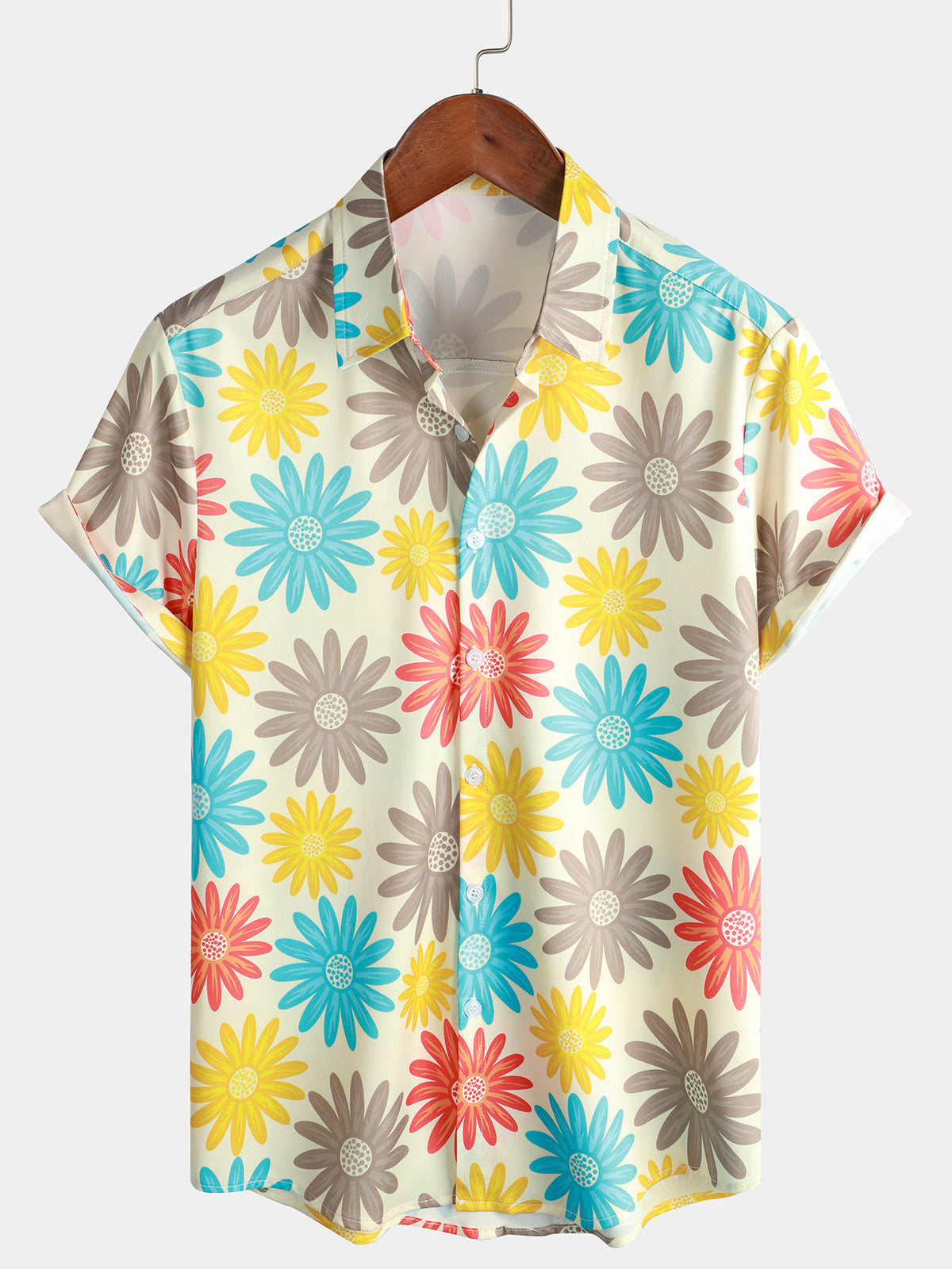 Men's Colorful Daisy Holiday Floral Button Up Casual Summer Beach Short Sleeve Shirt