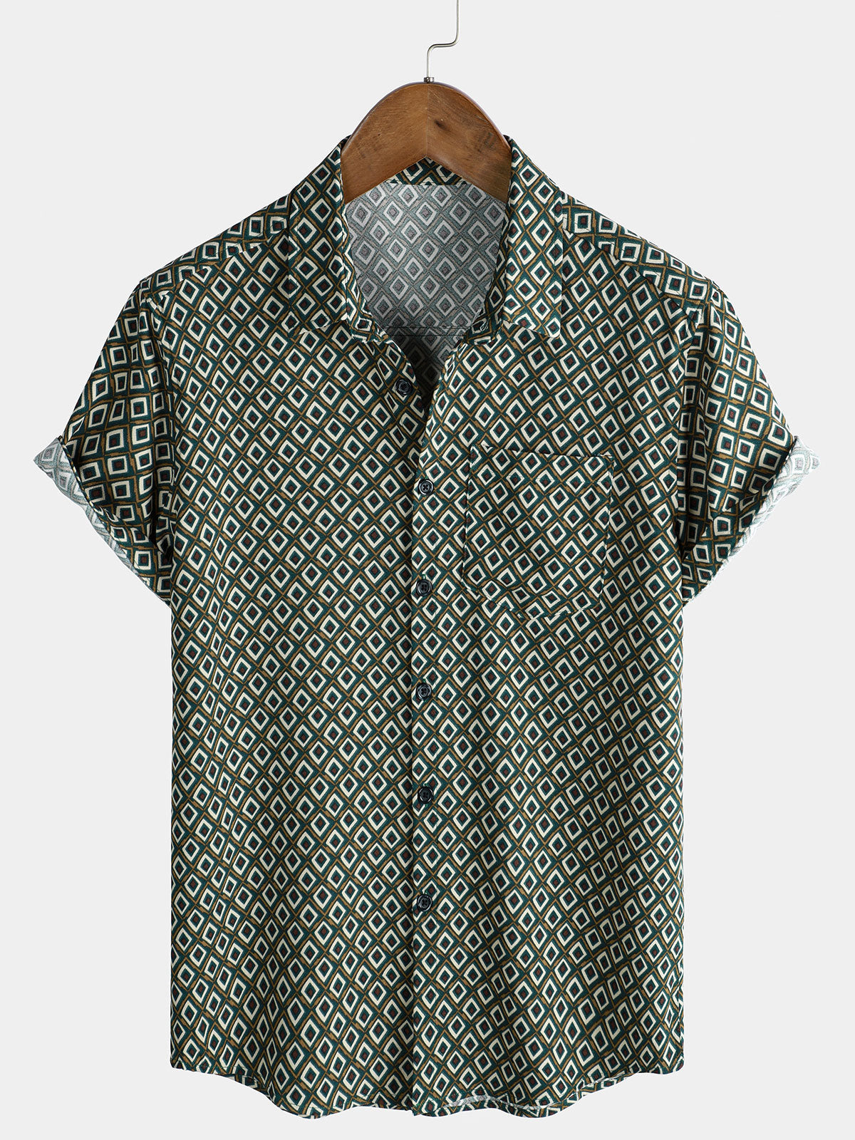 Men's Geometric Print Holiday Pocket Short Sleeve Casual Shirt