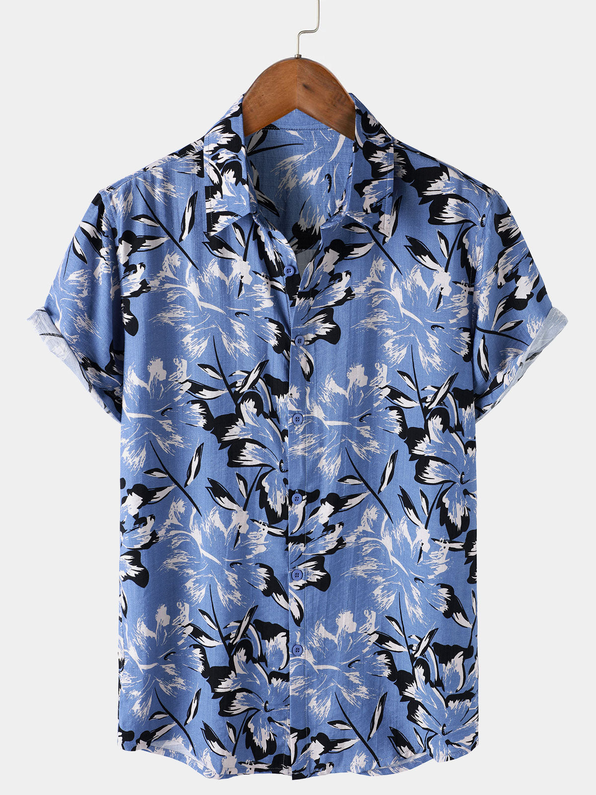 Men's Tropical Blue Floral Button Up Short Sleeve Shirt
