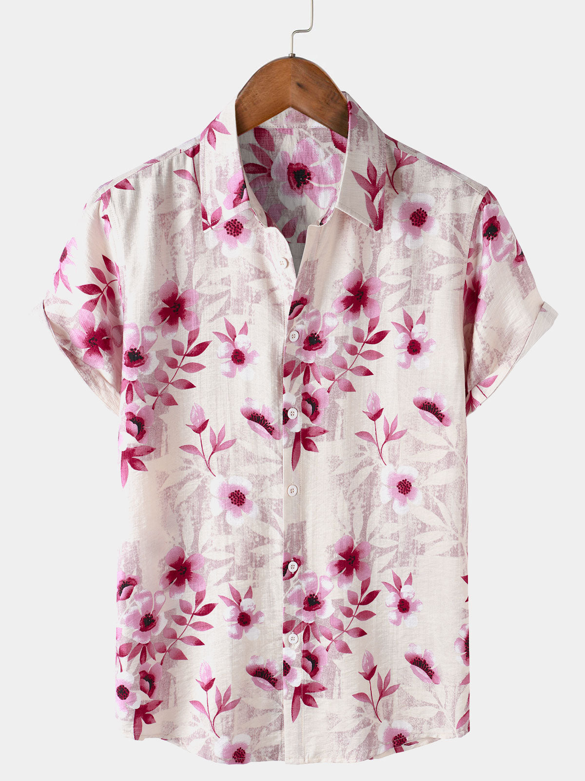 Men's Pink Floral Holiday Button Up Short Sleeve Shirt