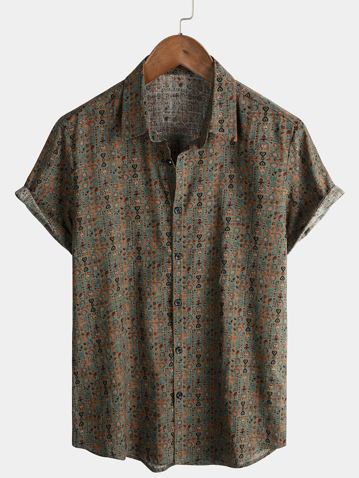 Men's Vintage Paisley Print 70s Button Up Green Boho Retro Tribal Short Sleeve Shirt