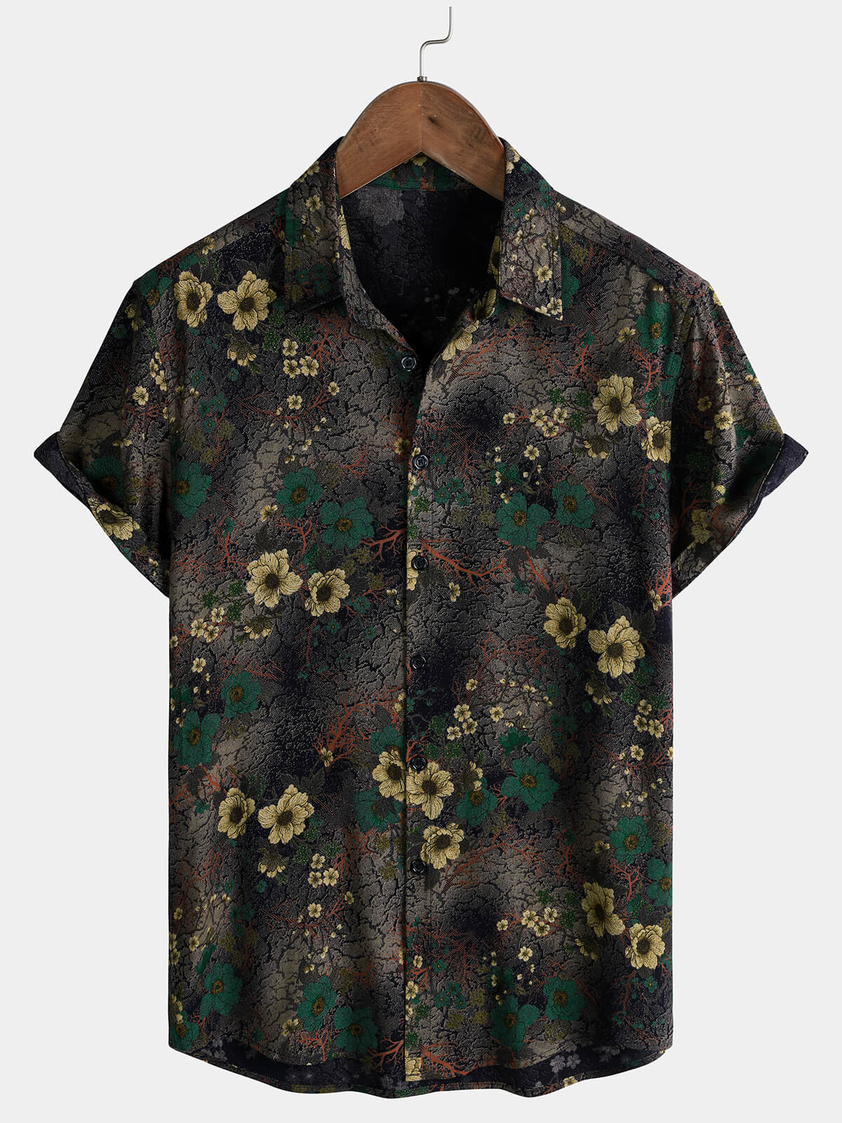 Men’s Textured Vintage Floral Print Casual Rayon Short Sleeve Shirt