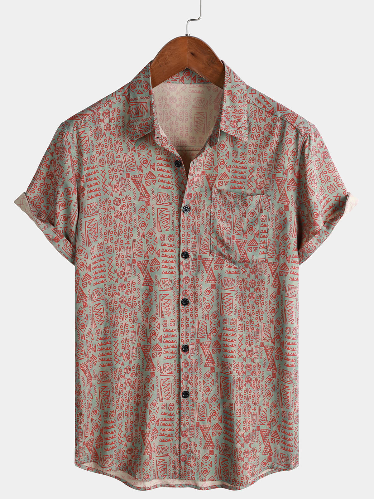 Men's Rayon Geometric Tribal Print Boho Short Sleeve Shirt