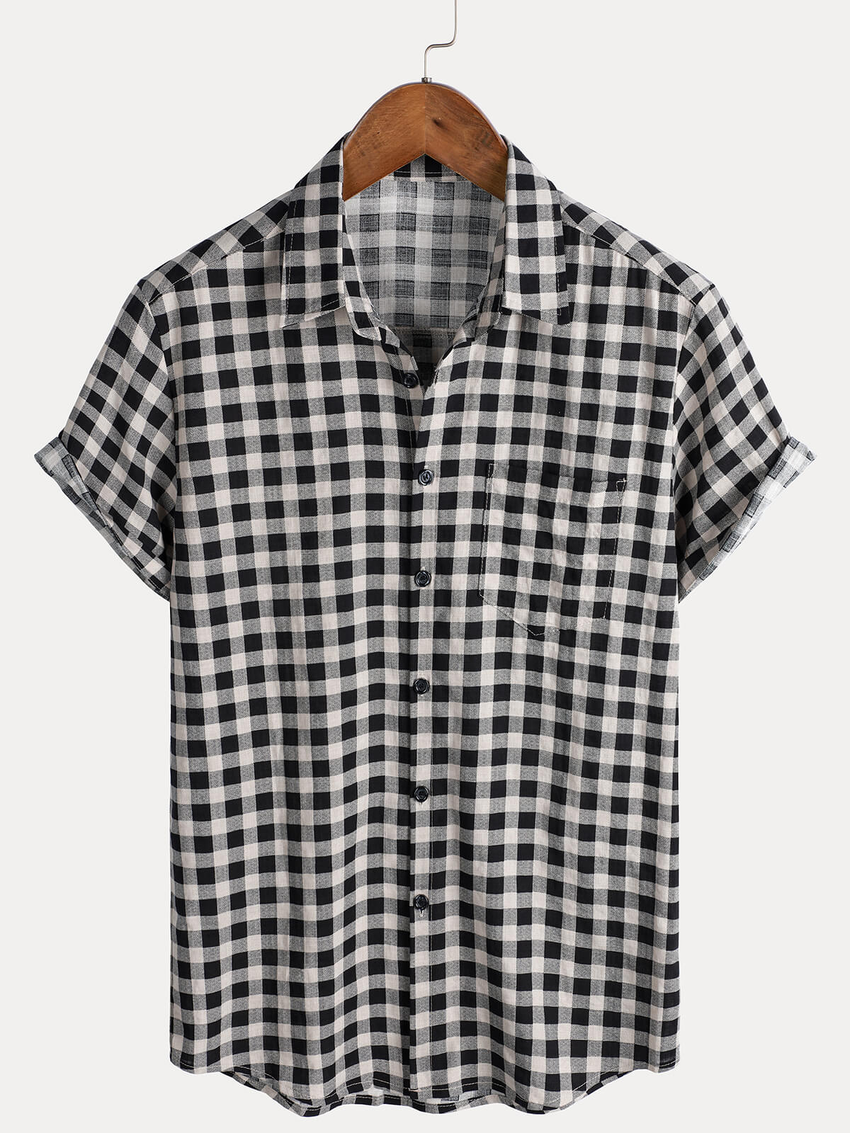 Men's Black Check Print Cotton Pocket Short Sleeve Shirt