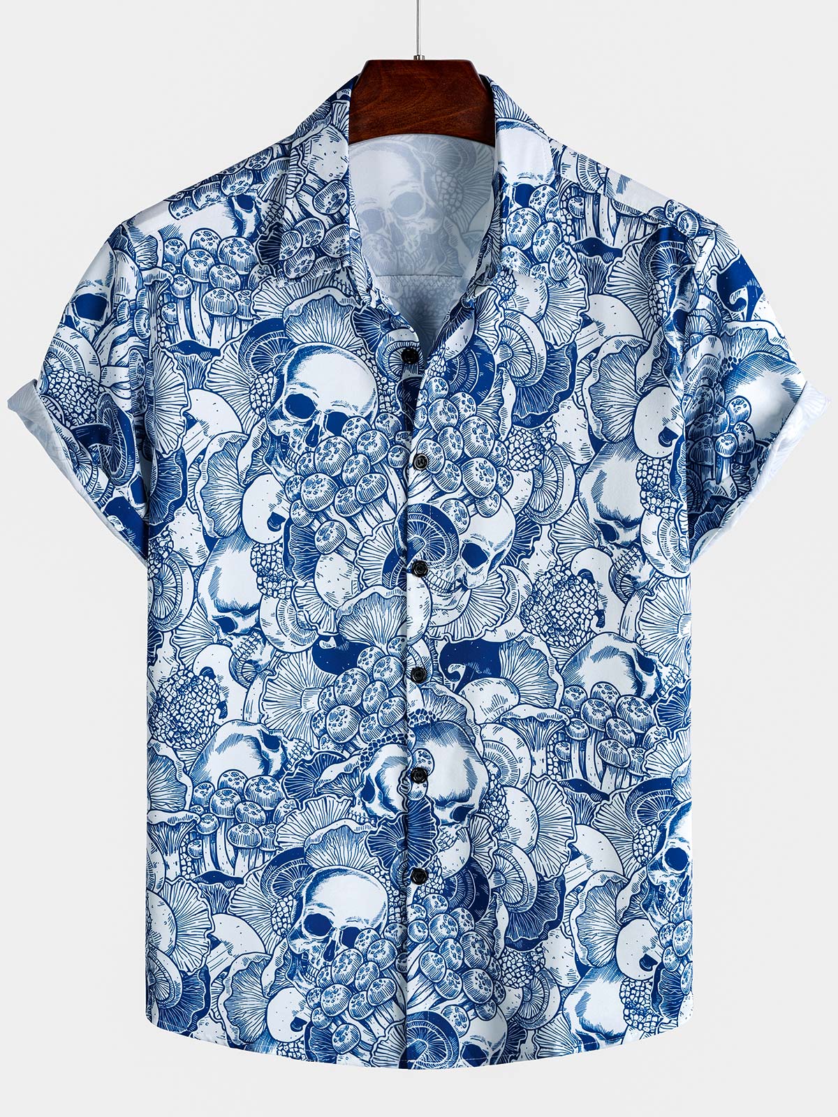 Men's Blue Skull Graphic Button Up Short Sleeve Punk Rock Art Shirt