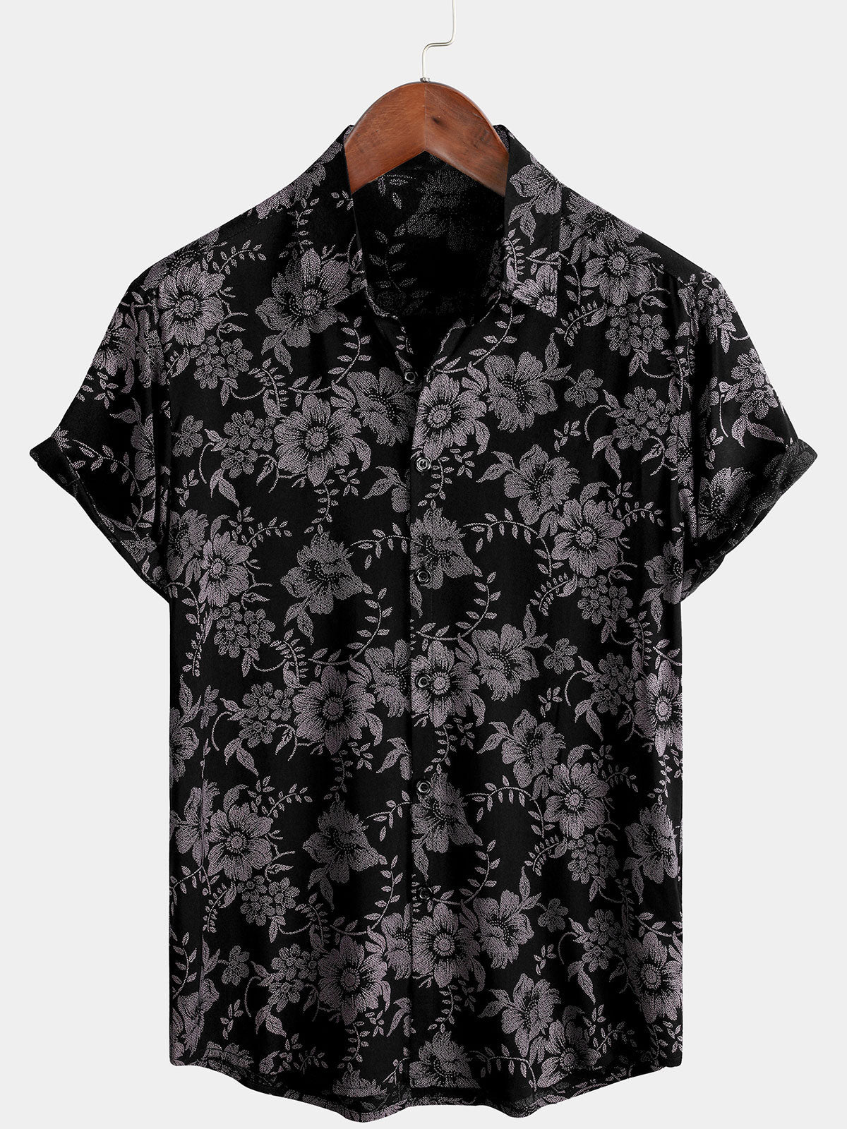 Men's Floral Print Black Vintage Holiday Breathable Hawaiian Short Sleeve Shirt