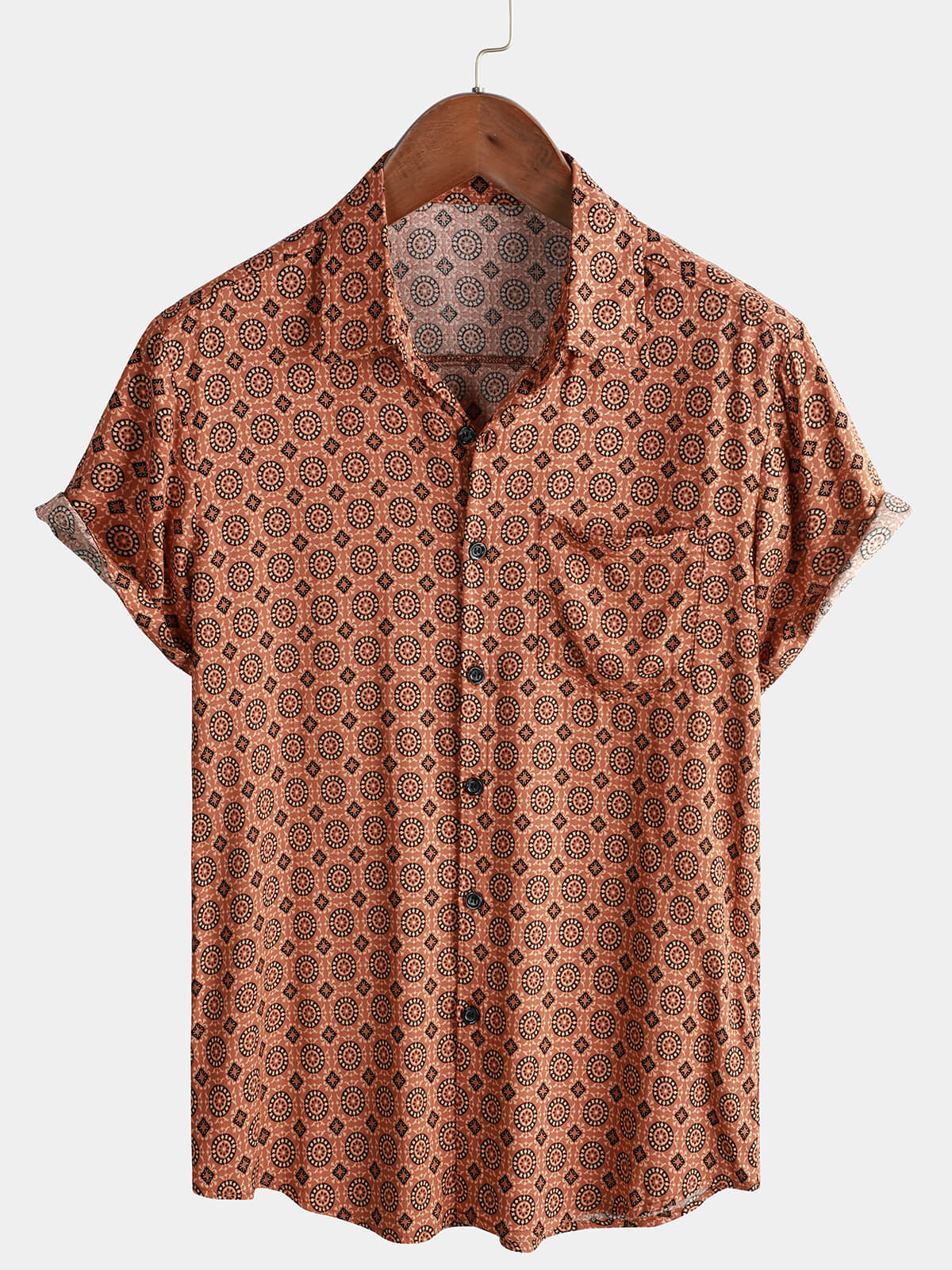 Men's Brown Button Up Vintage Summer Beach Pocket Short Sleeve Shirt