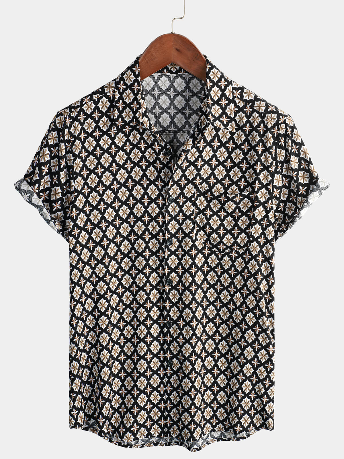 Men's Black Button Summer Beach Short Sleeve Shirt