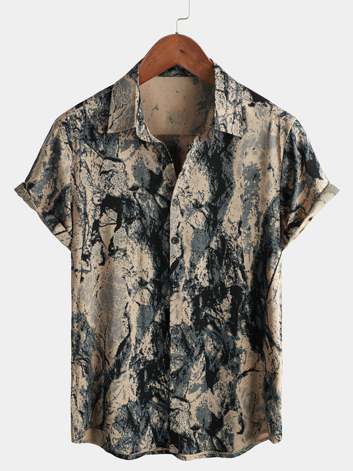 Men's Khaki Retro Art Nature Wild Print Casual Short Sleeve Button Up Shirt