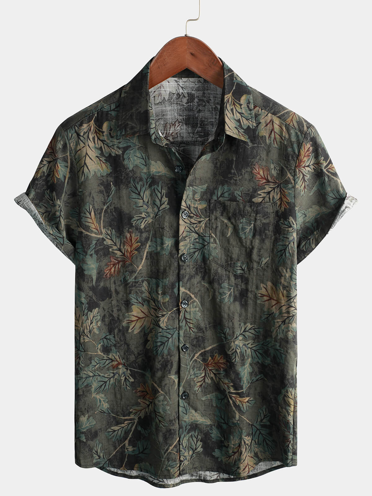 Men's Retro Leaf Cotton Vintage Short Sleeve Hawaiian Beach Shirt