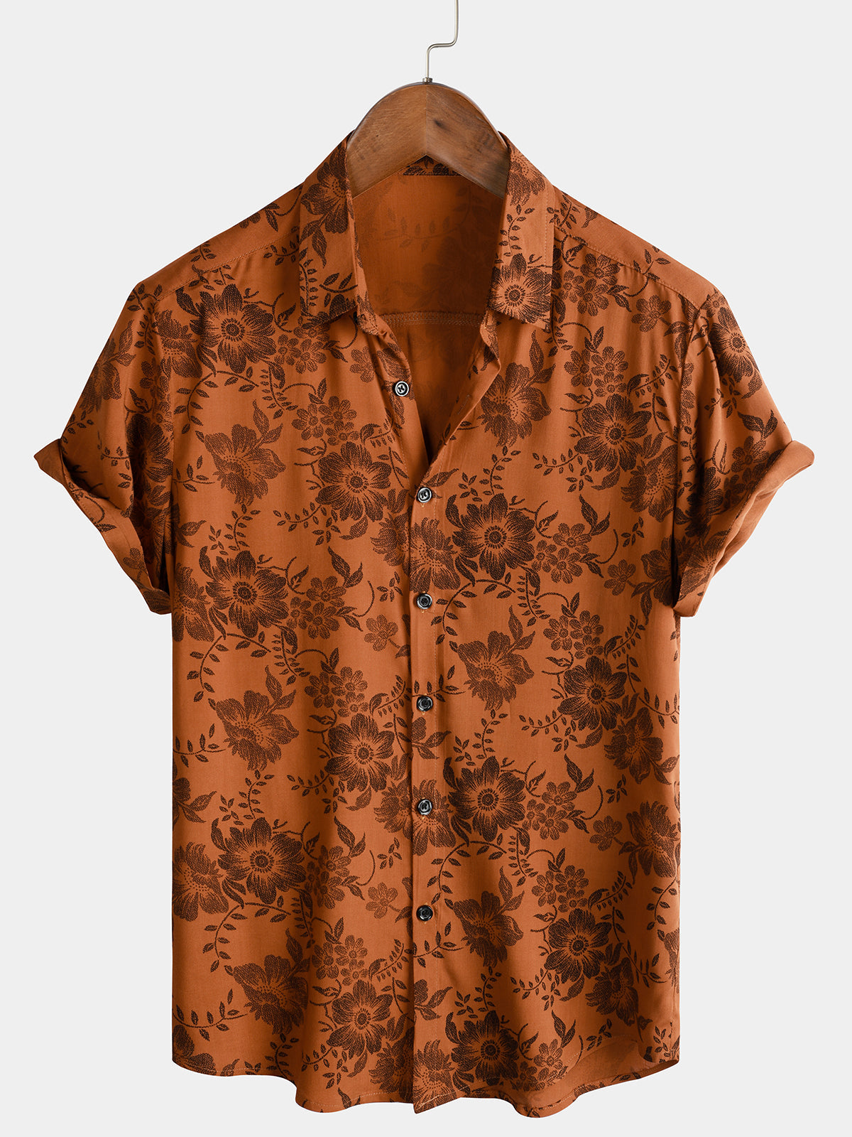 Men's Brown Floral Print Vintage Flower Holiday Breathable Short Sleeve Button Up Shirt