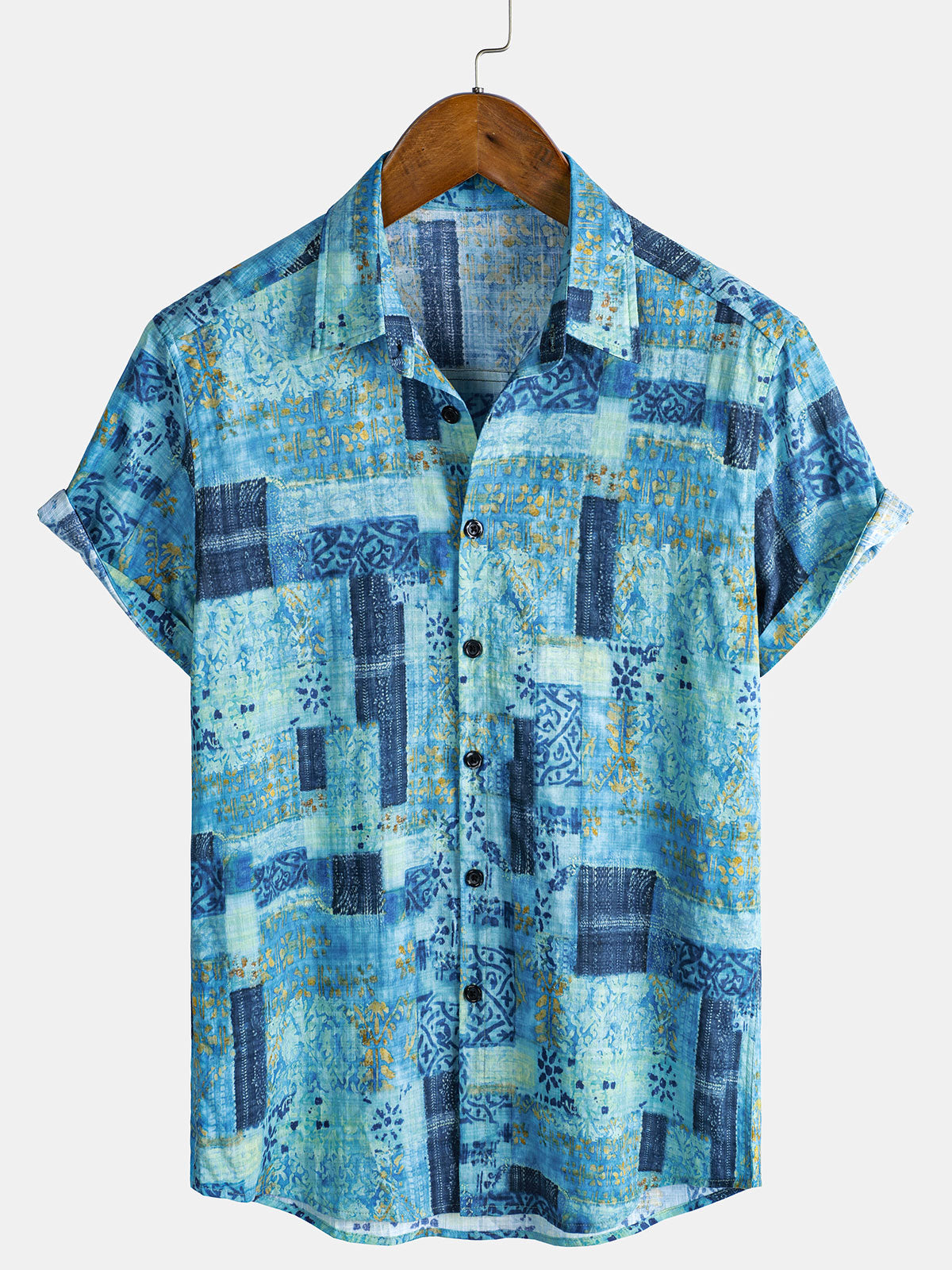 Men's Patchwork Print Breathable Cotton Short Sleeve Button Down Shirt