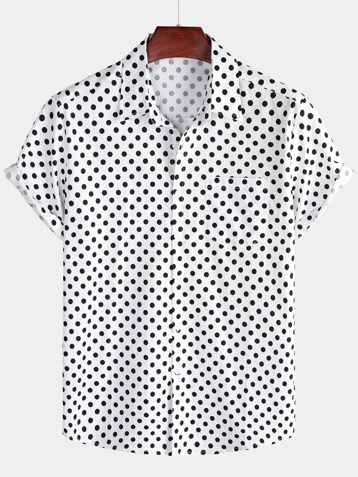 Men's Cotton Casual Polka Dot Summer White Pocket Short Sleeve Shirt