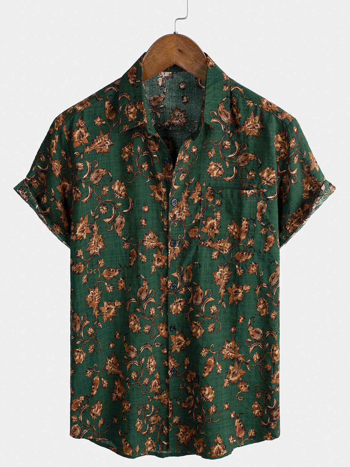 Men's Retro Floral Print Pocket Breathable Short Sleeve Shirt