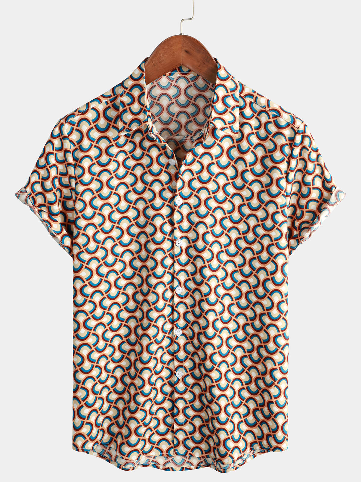 Men's Retro Button Up Vintage Geometric Circle Cool Short Sleeve Shirt