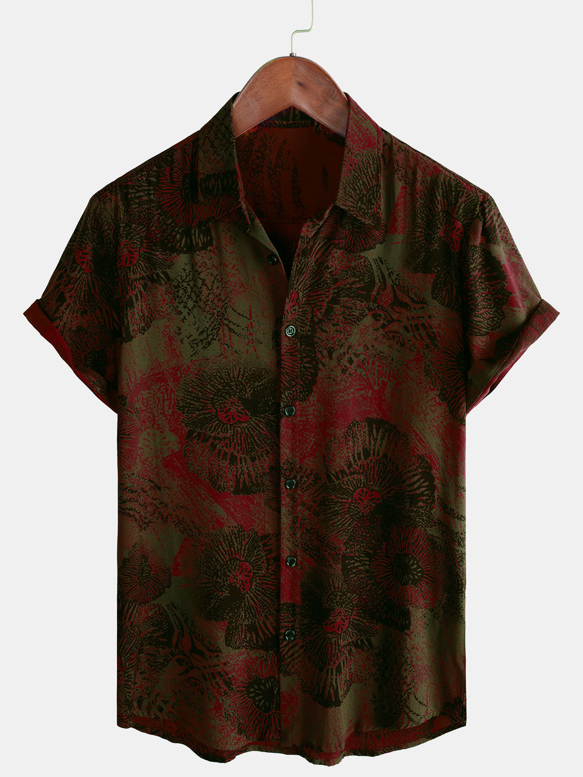 Men's Retro Floral Button Up Casual Red Soft Rayon Short Sleeve Shirt