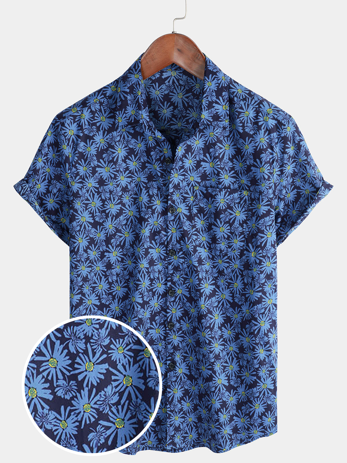 Men's Blue Short Sleeve Floral Daisy Pocket Button Up Cotton Beach Shirt