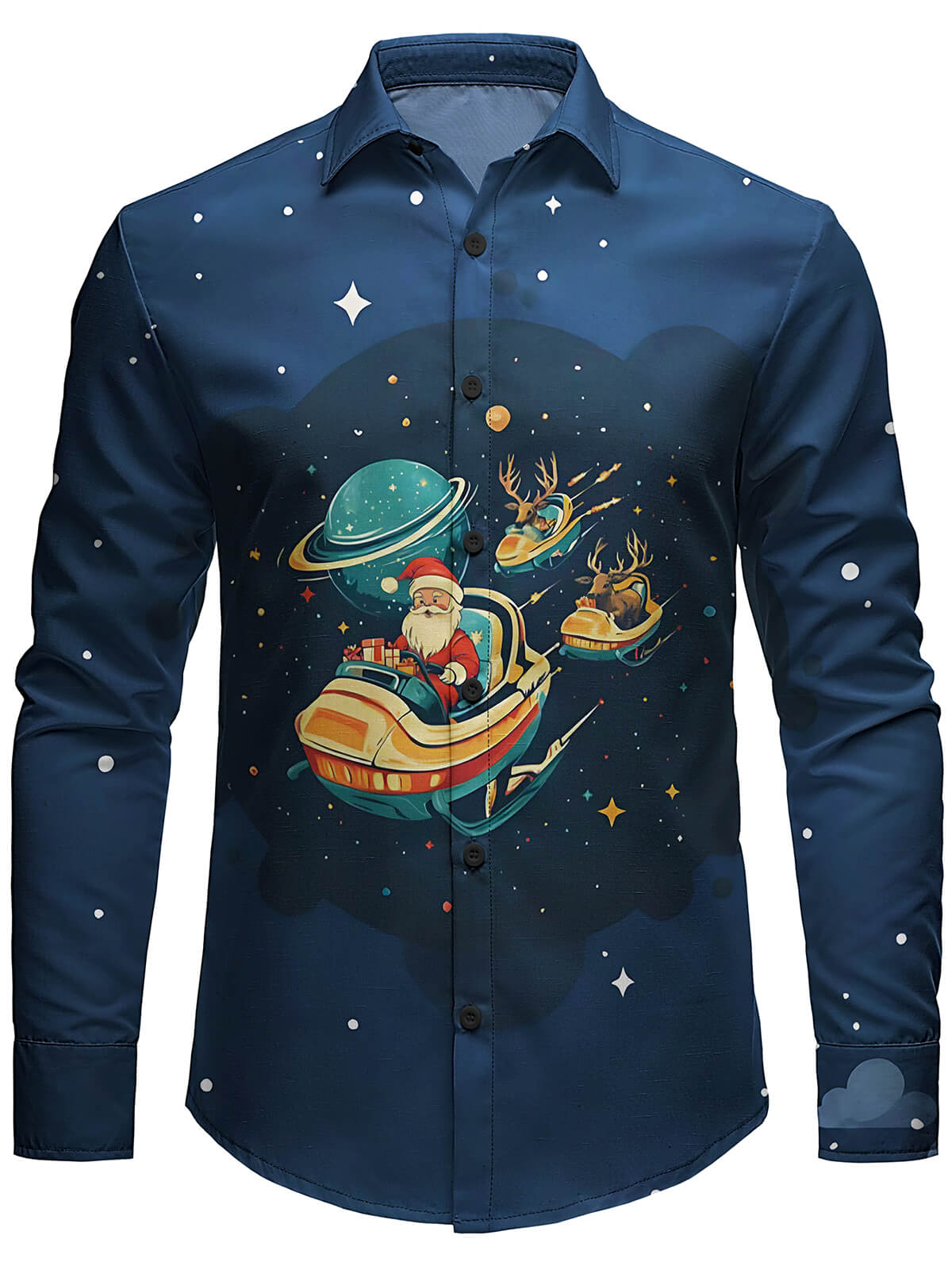 Men's Christmas Long Sleeve Space Elk Santa Shirt