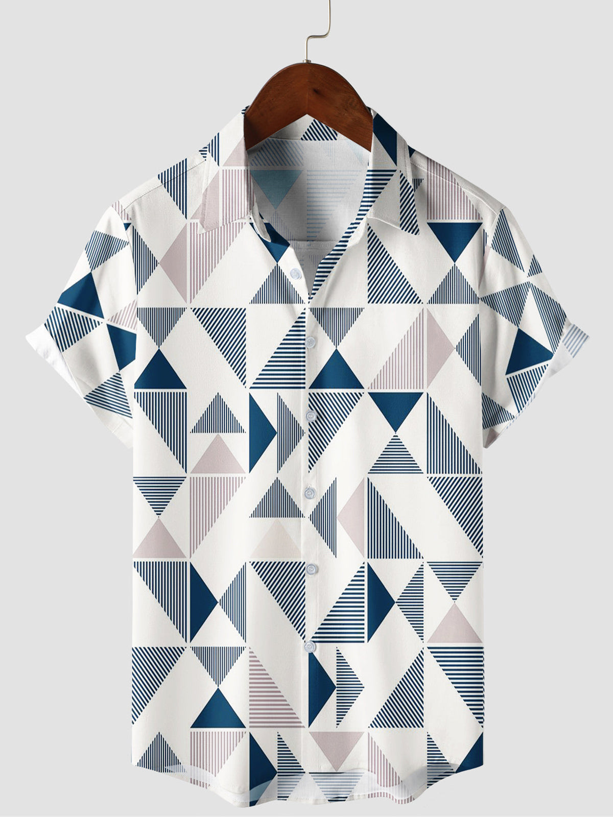 Men's Art Triangle Geometric Print Short Sleeve Summer Beach Button Up Shirt