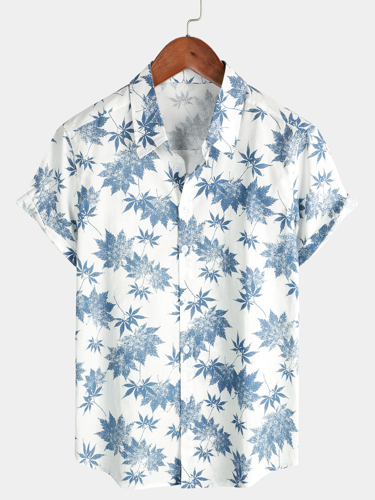 Men's Cotton Linen Maple Leaf Print Breathable Short Sleeve Shirt