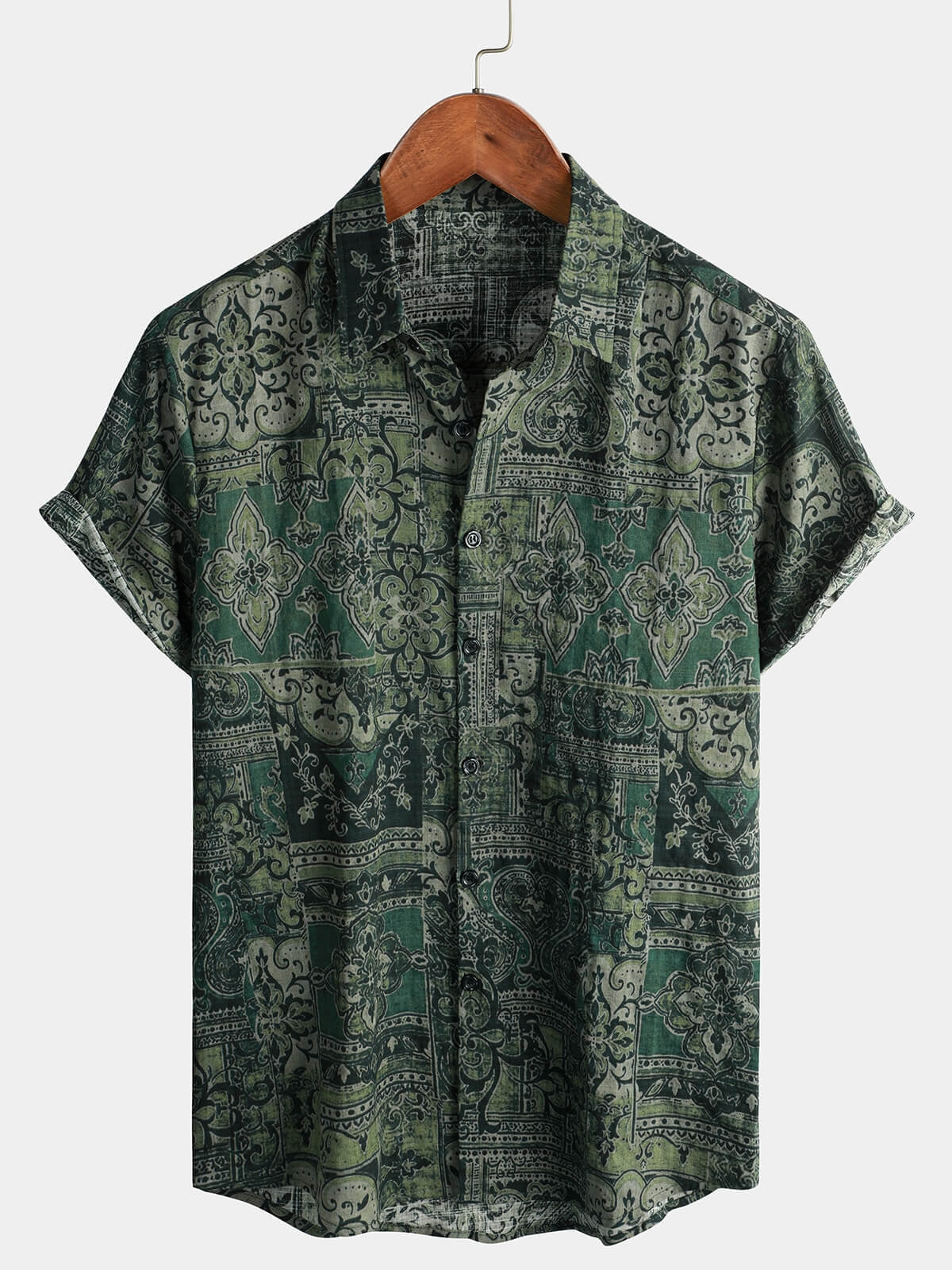 Men's Retro Paisley Floral Print Cotton Button Up Vintage Holiday Western Brown Short Sleeve Shirt