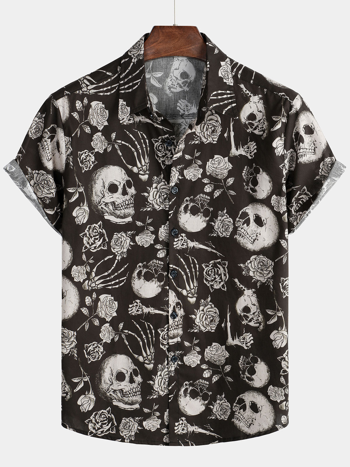 Men's Skull Rose Floral Punk Rock and Roll Cool Button Up Shirt