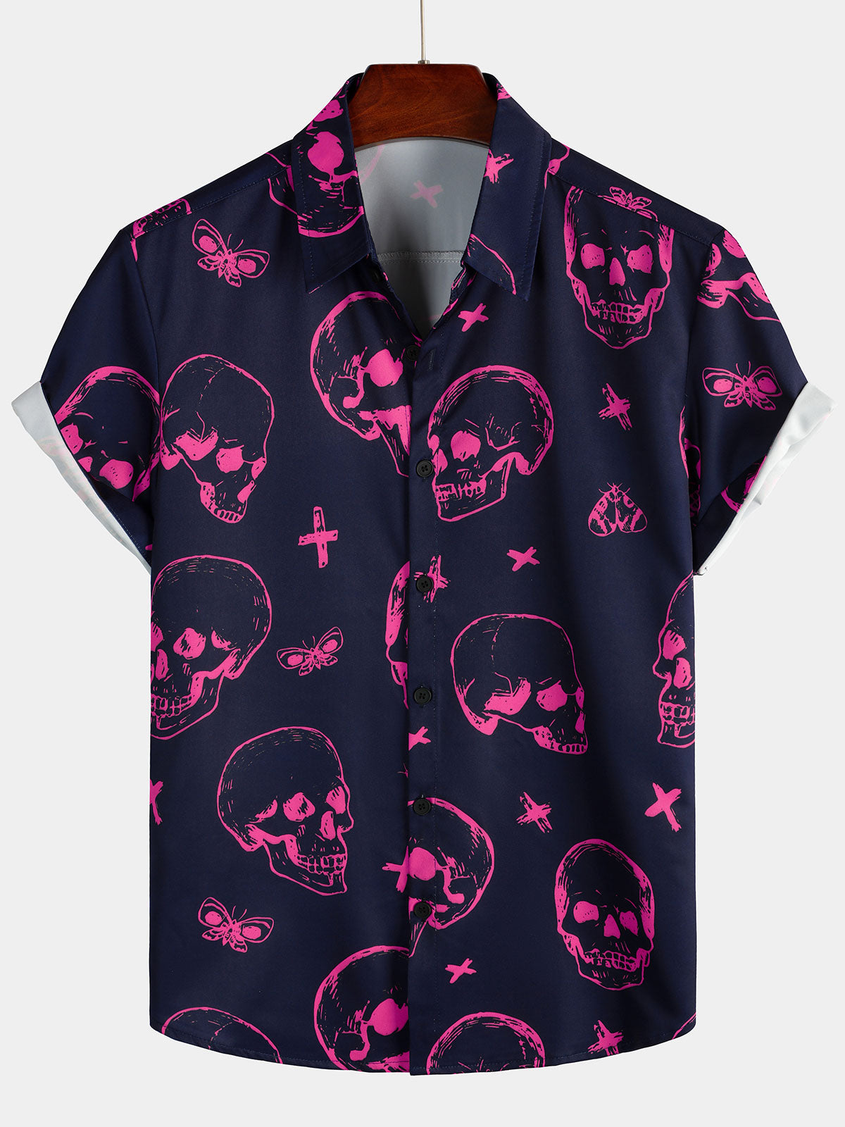 Men's Pink Skull Print Art Graphic Button Short Sleeve Aloha Hawaiian Shirt