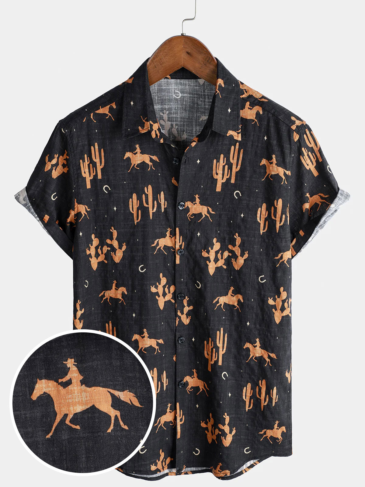 Men's Holiday Horse Print Cowboy Button Up Short Sleeve Shirt