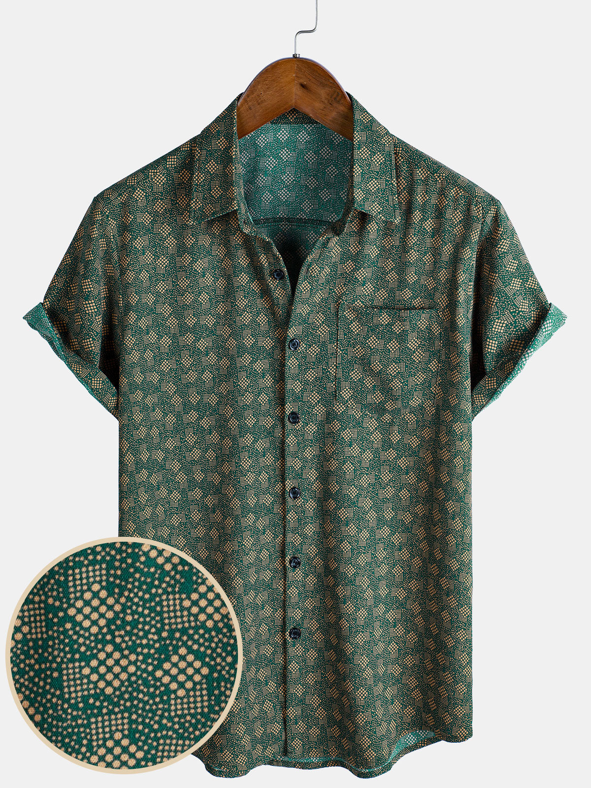 Men's Retro Geometric Print Green Pocket Short Sleeve Shirt