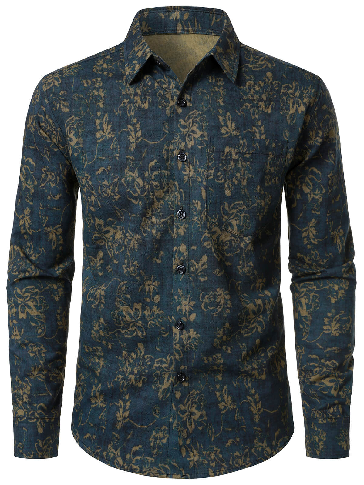 Men's Retro Floral Print Pocket Long Sleeve Shirt