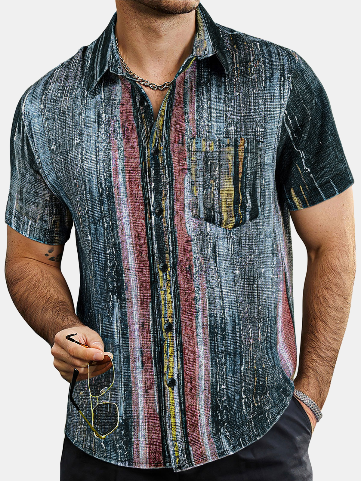 Men’s Green Vintage Striped Hawaiian Button Up Short Sleeve Shirt