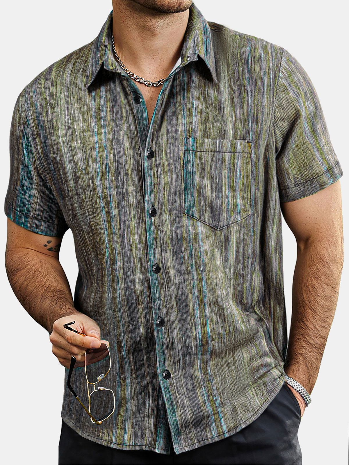 Men’s Vintage Green Striped Hawaiian Button Up Short Sleeve Shirt