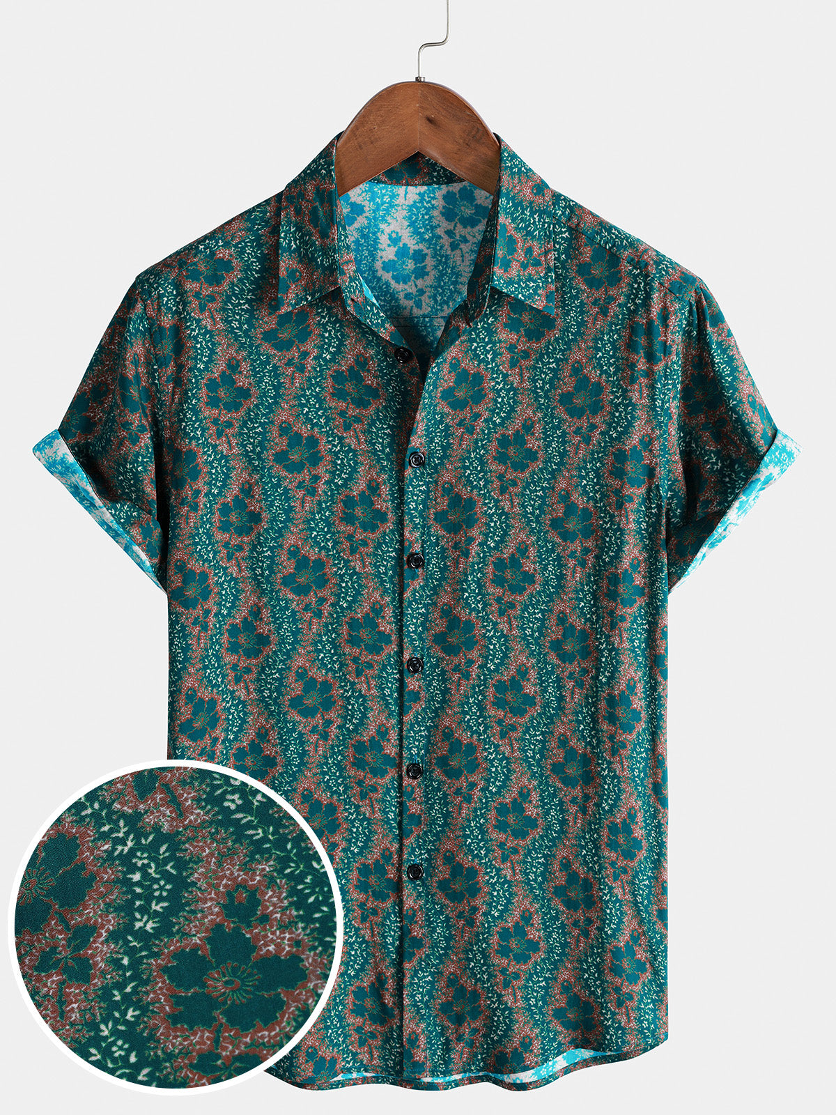 Men's Green Flower Print Vacation Vintage Hawaiian Short Sleeve Shirt