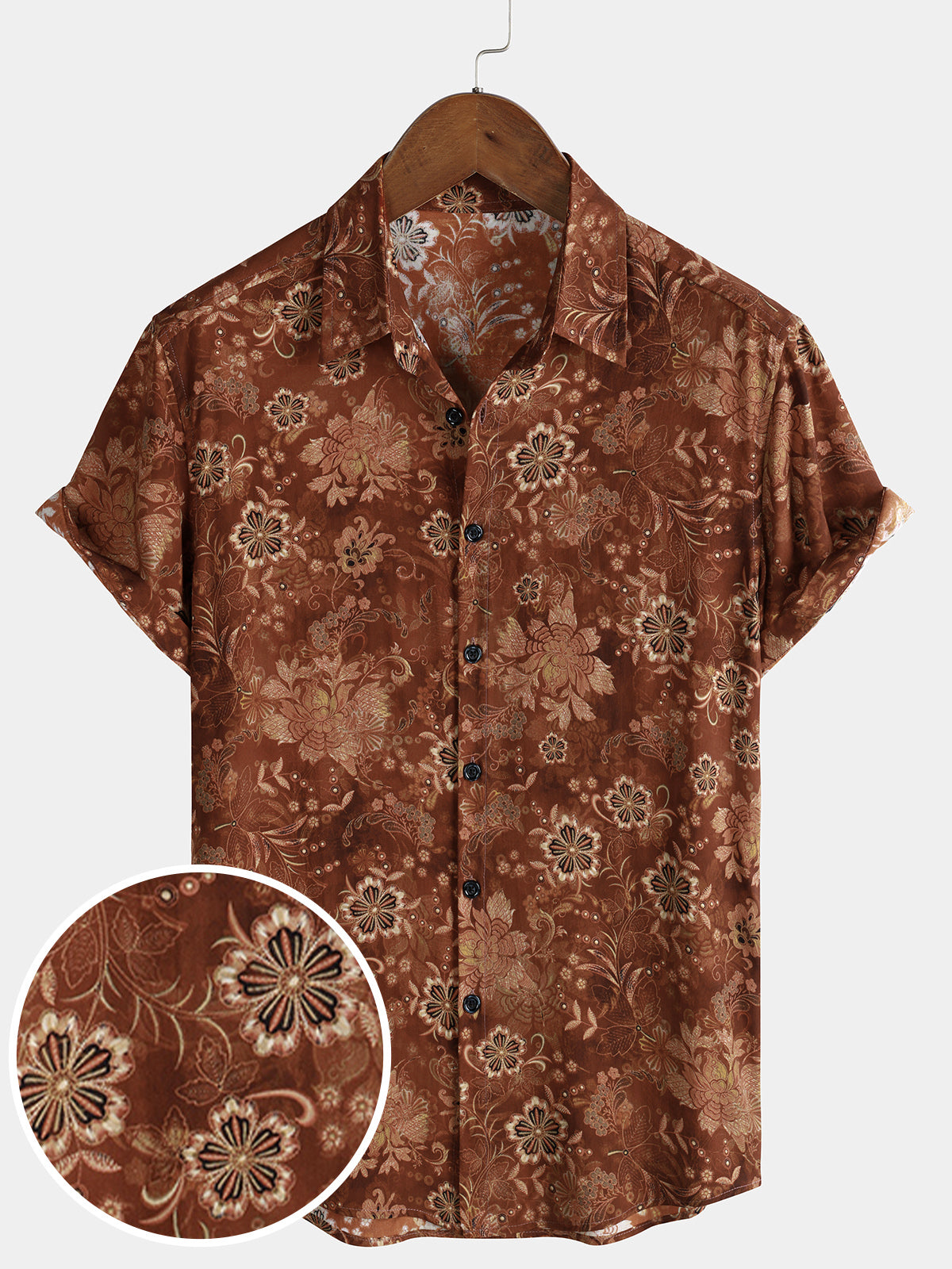 Men's Brown Vintage Floral Print Flower Holiday Short Sleeve Button Up Shirt