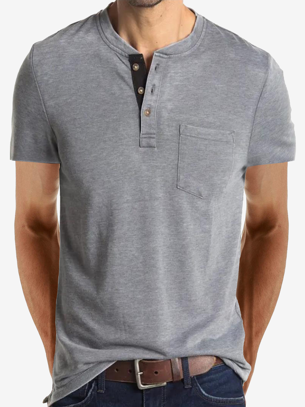 Men's Cotton Henley Collar Solid Color Casual Short Sleeve T-Shirt