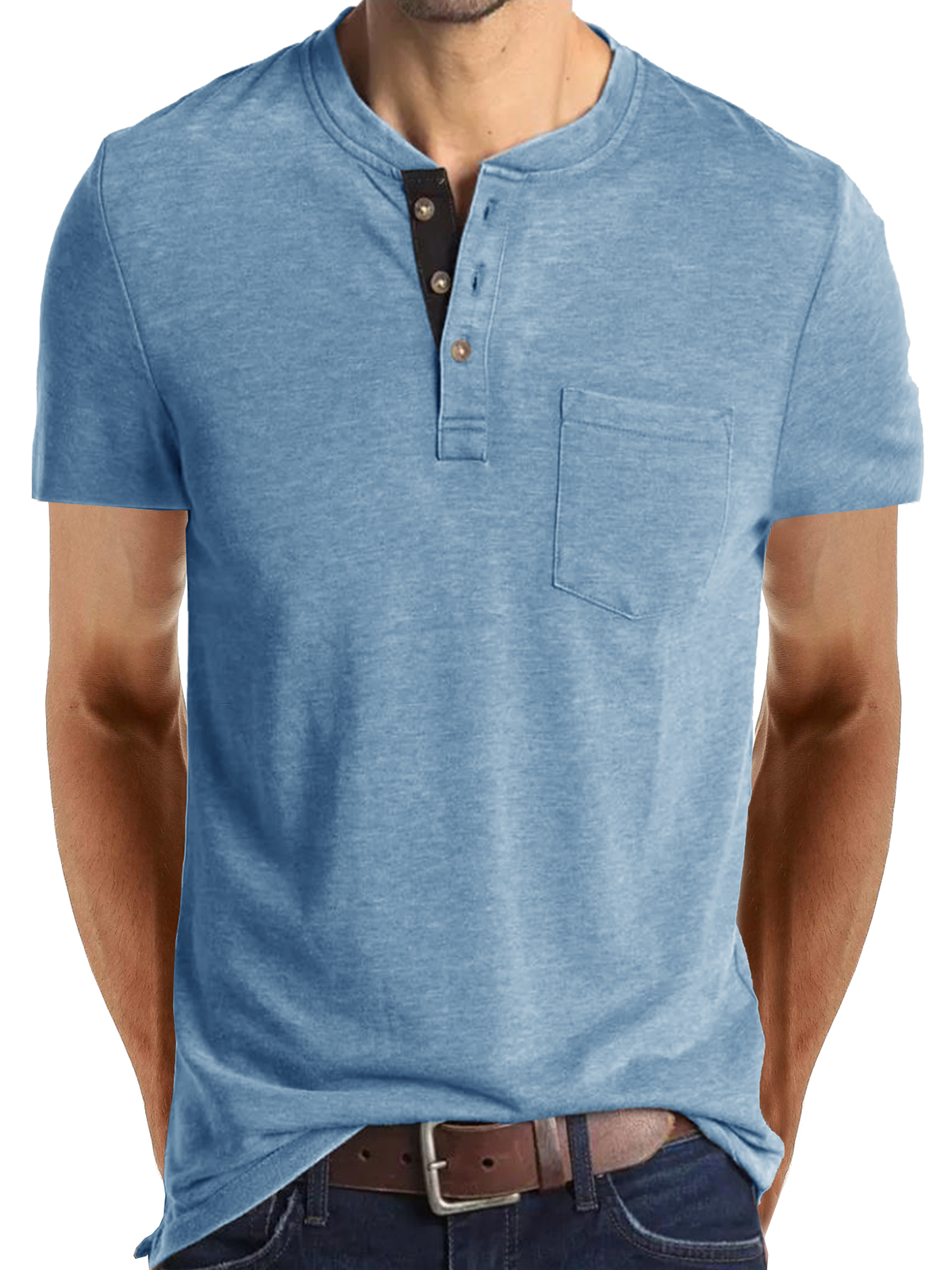 Men's Cotton Henley Collar Solid Color Casual Short Sleeve T-Shirt