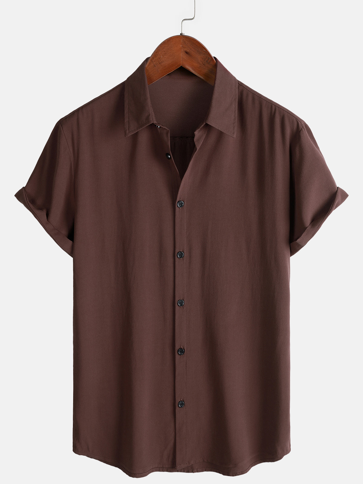 Men's Brown Casual Solid Color Rayon Summer Short Sleeve Shirt