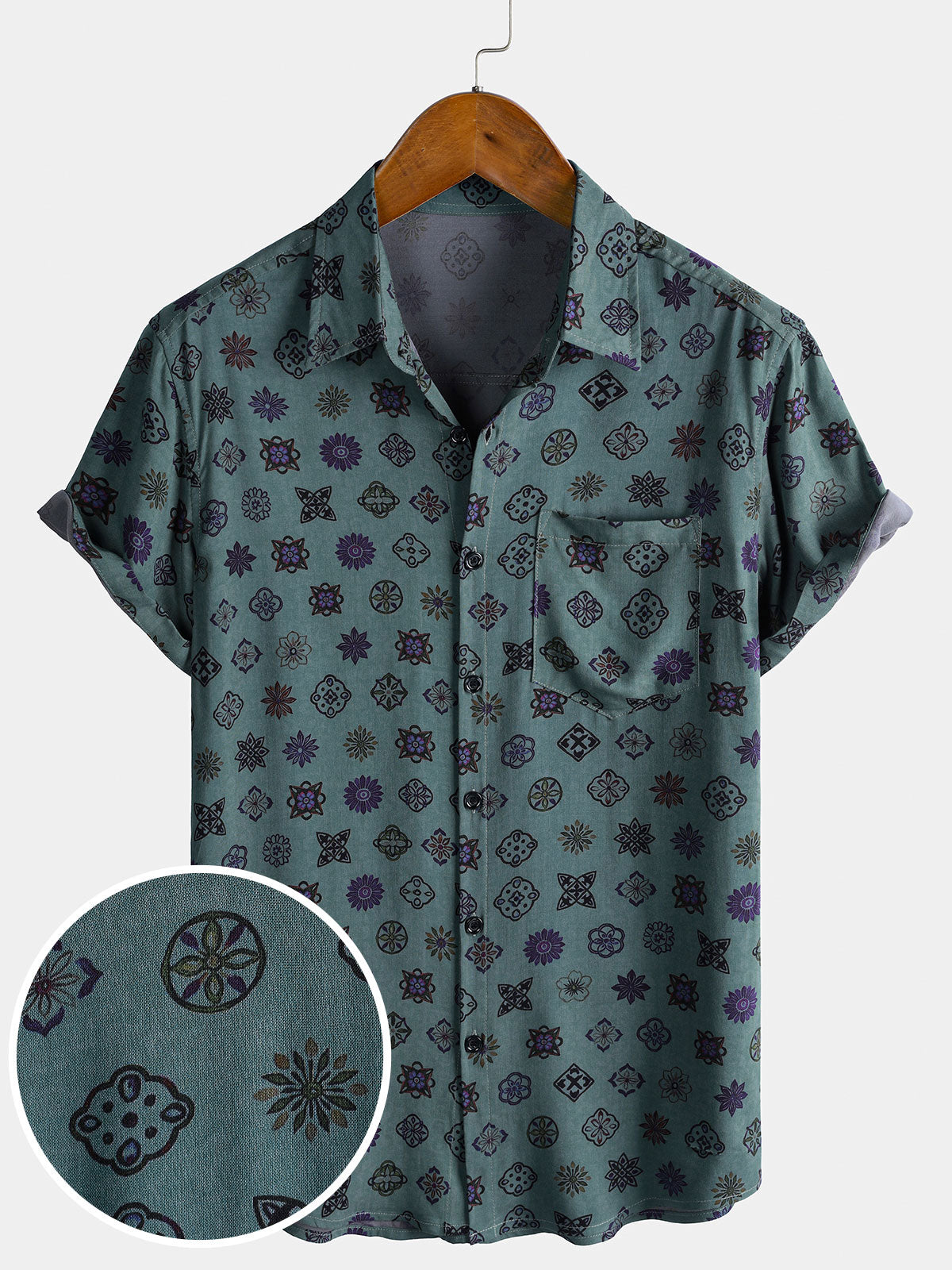 Men's Vintage Geometric Button Down Short Sleeve Lightweight Breathable Resort Shirt