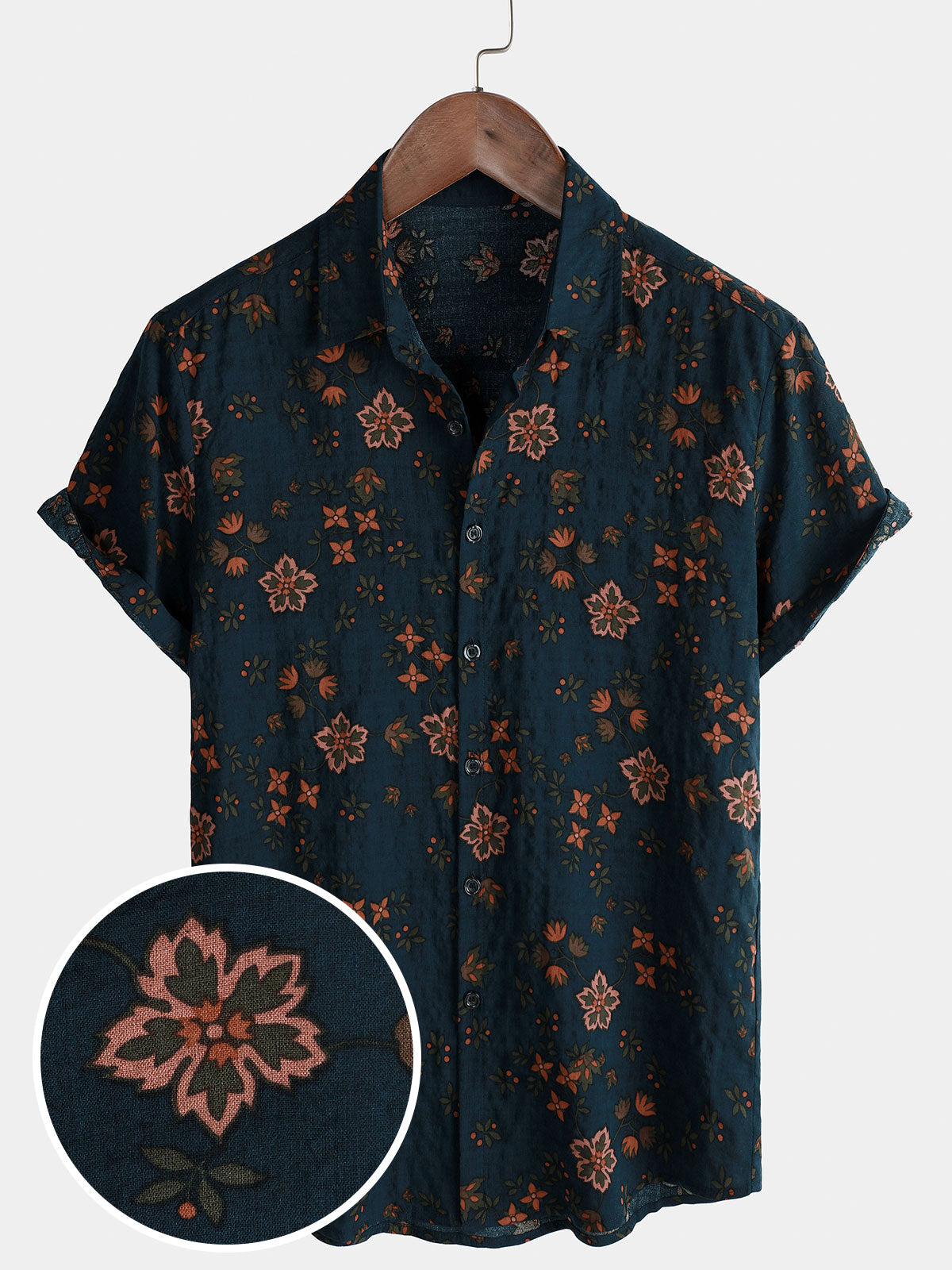 Men's Summer Floral Navy Blue Button Up Short Sleeve Cotton Shirt