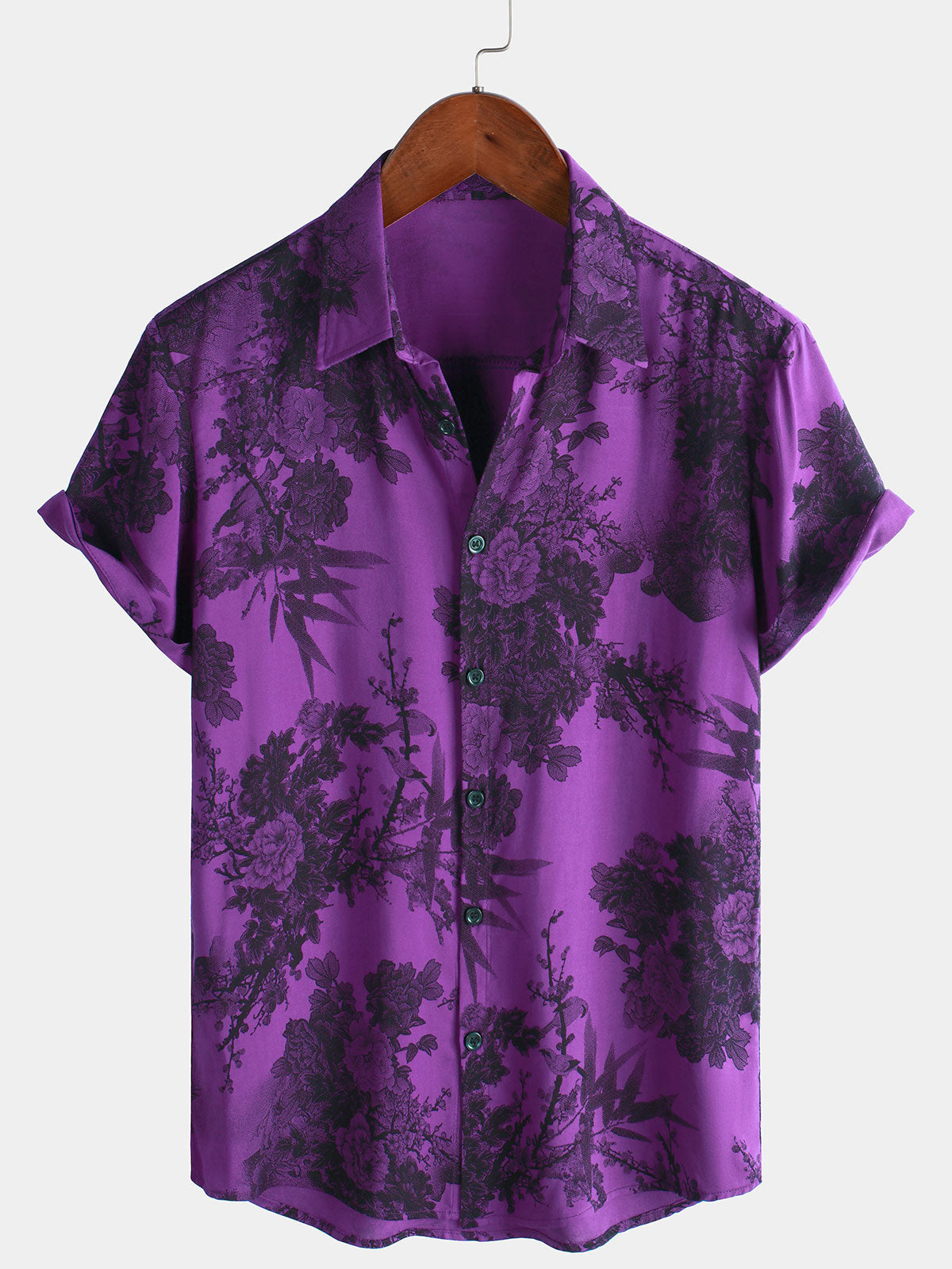 Men's Purple Retro Holiday Breathable Flower Hawaiian Short Sleeve Shirt