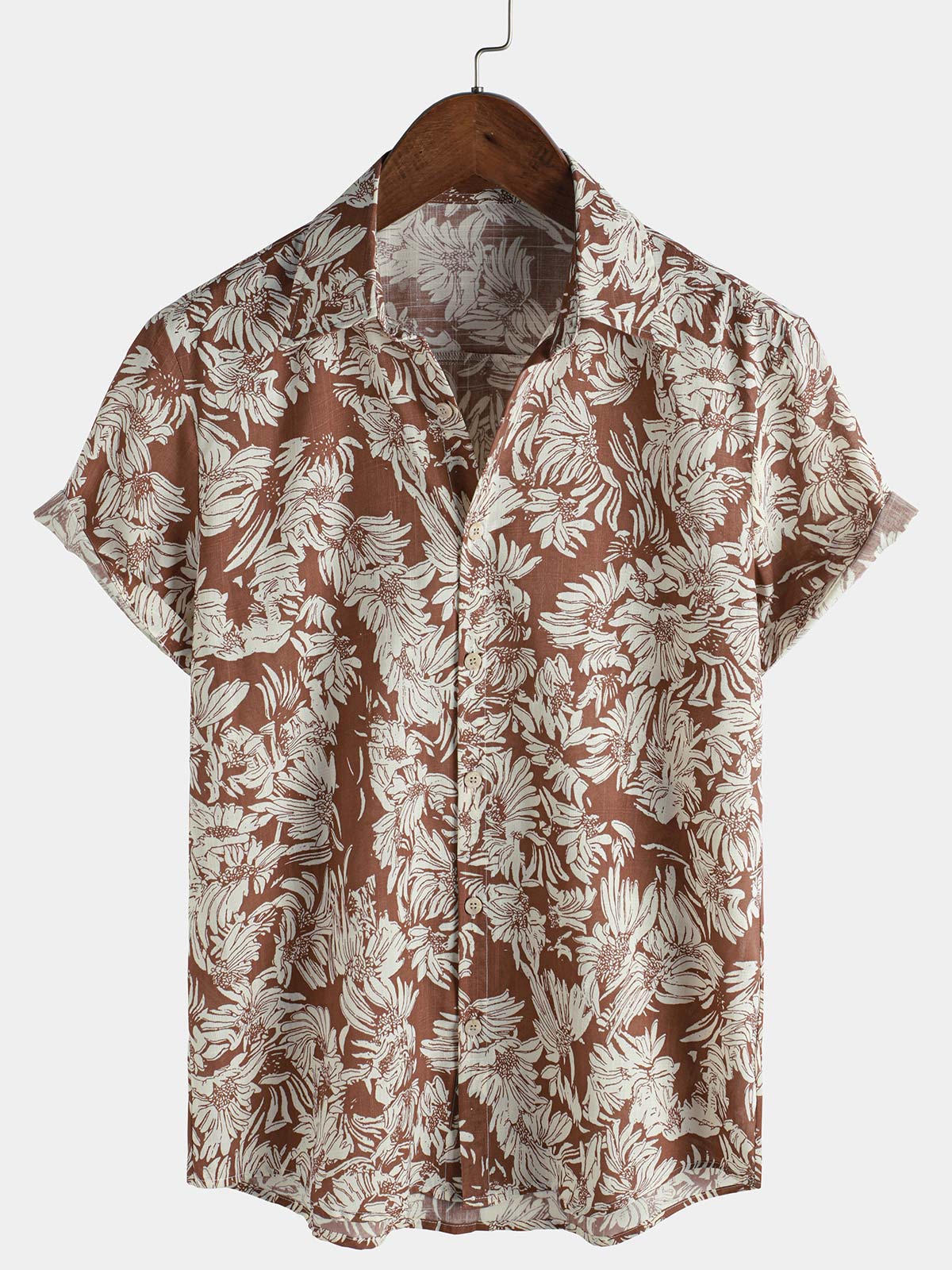 Men's Brown Floral Short Sleeve Summer Button Up Shirt