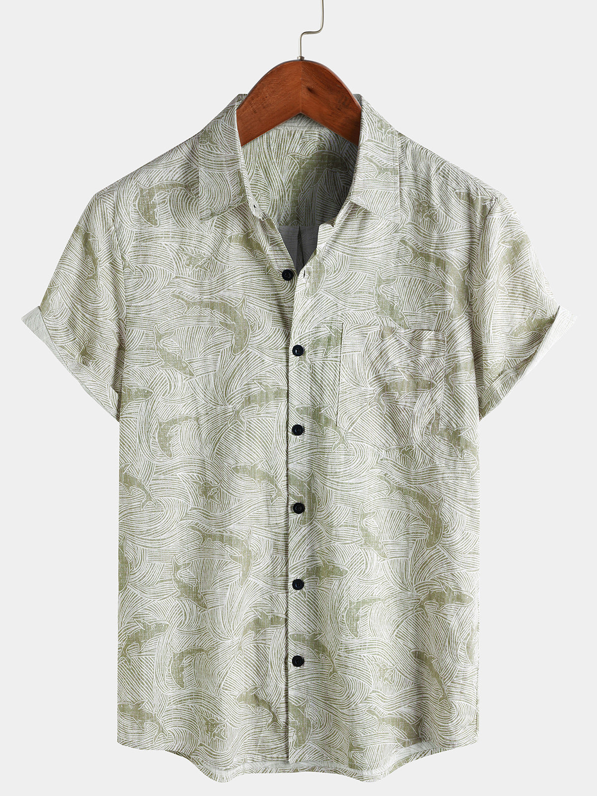 Men's Green Summer Ocean Shark Beach Hawaiian Short Sleeve Shirt