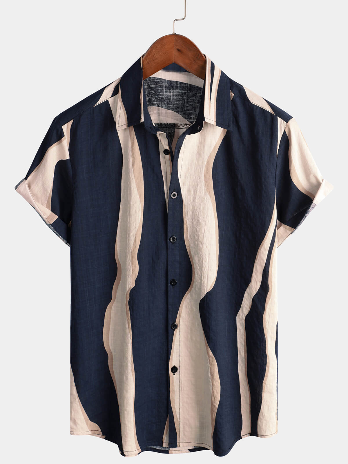 Men's Retro Casual Striped Summer Vacation Navy Blue Button Up Short Sleeve Shirt